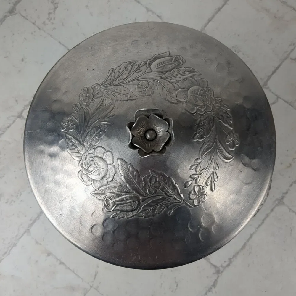 Vintage Hammered Aluminum Ice Bucket Floral Rose Midcentury Art Nouveau